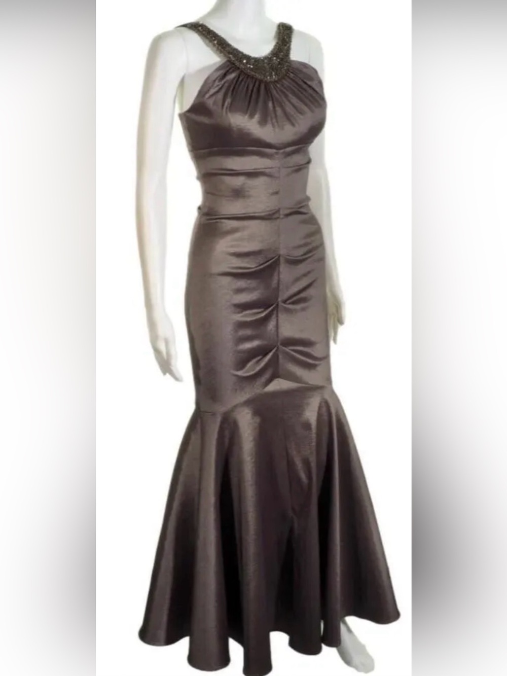 R&M Richards Metallic Chocolate Brown Beaded Halter Mermaid Gown